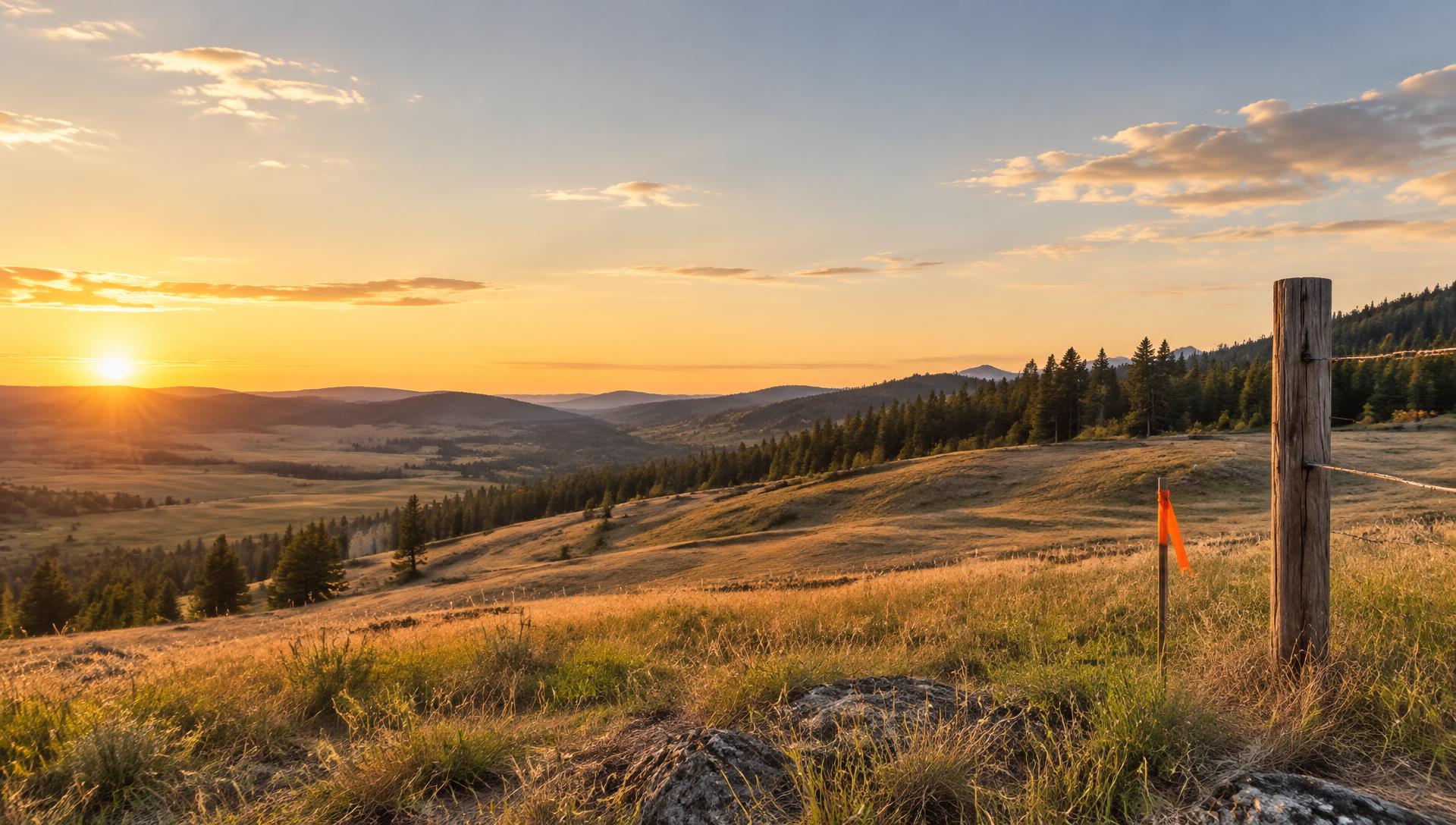 Homes and open land at sunset